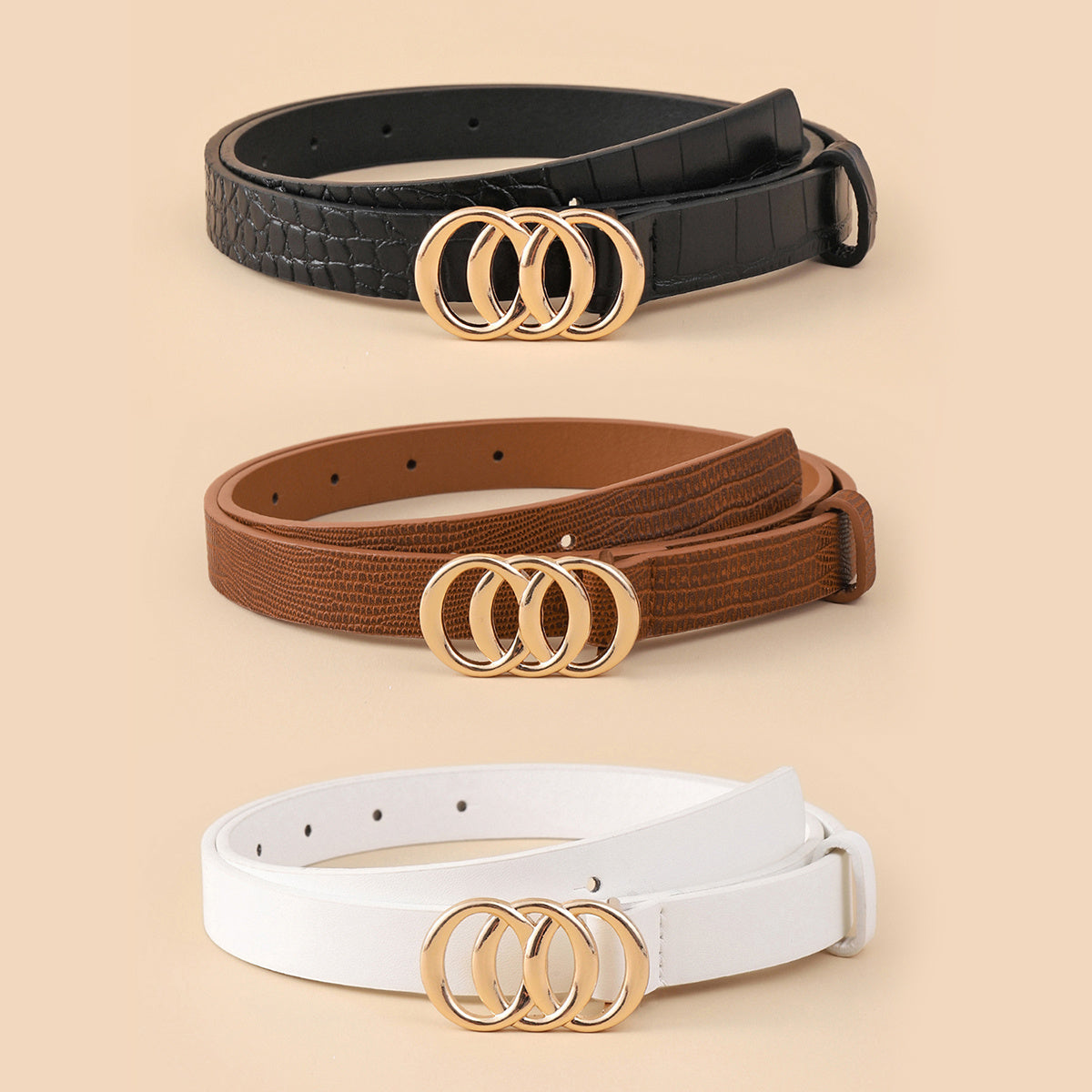 3pcs Round Buckle Classic PU Leather Belt Girls Casual Jeans Dress