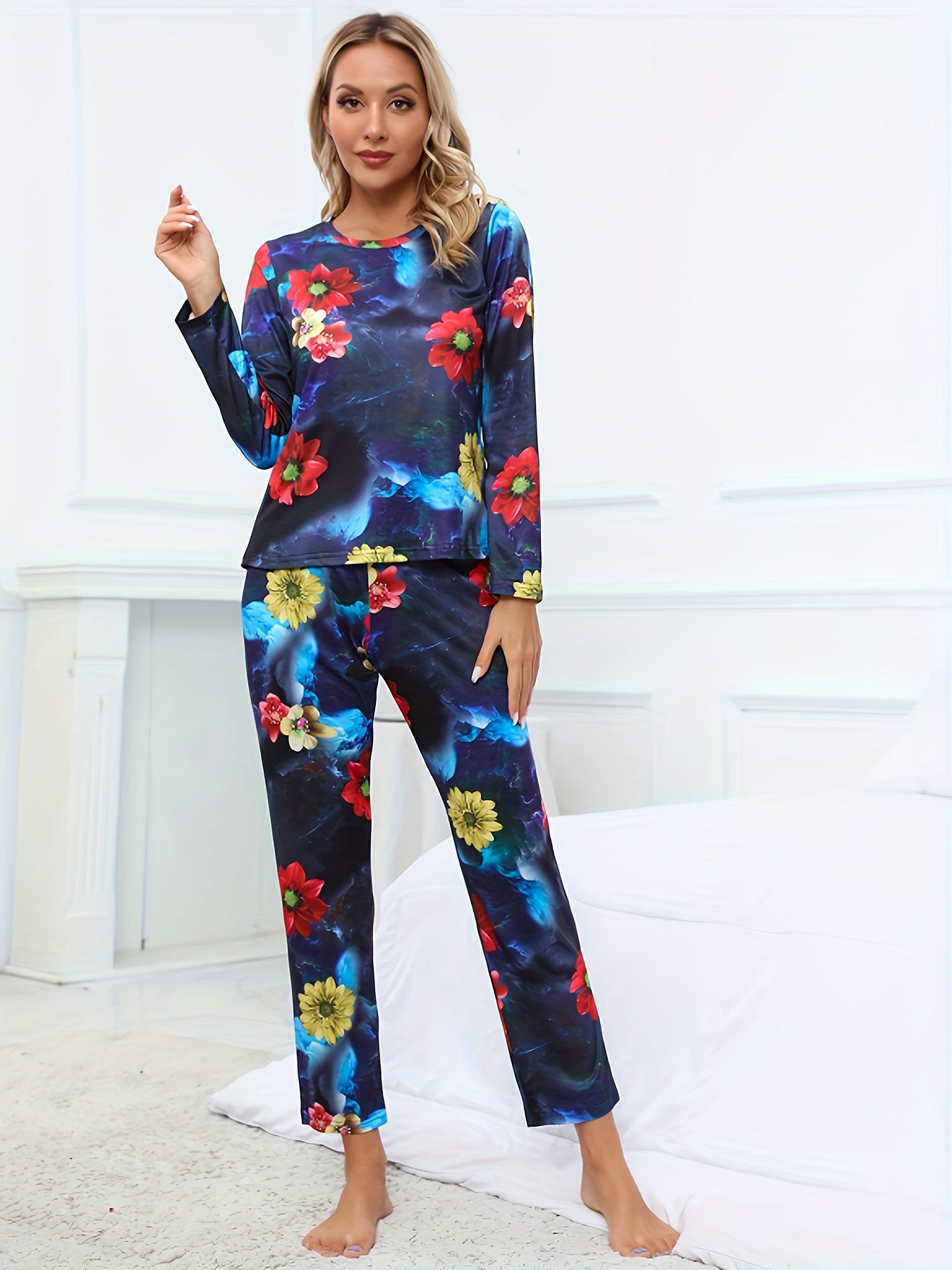 Floral Print Pajama Set Long Sleeve Top & Pants