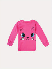 Girls Cat Print Pajama Set Long Sleeve Round Neck Pullover Comfy Homewear