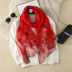 Silk Embroidery Flower Scarf Lightweight