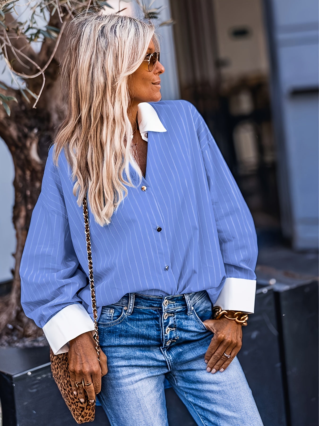 Colorblock Stripe Print Long Sleeve Button Up Shirt Top