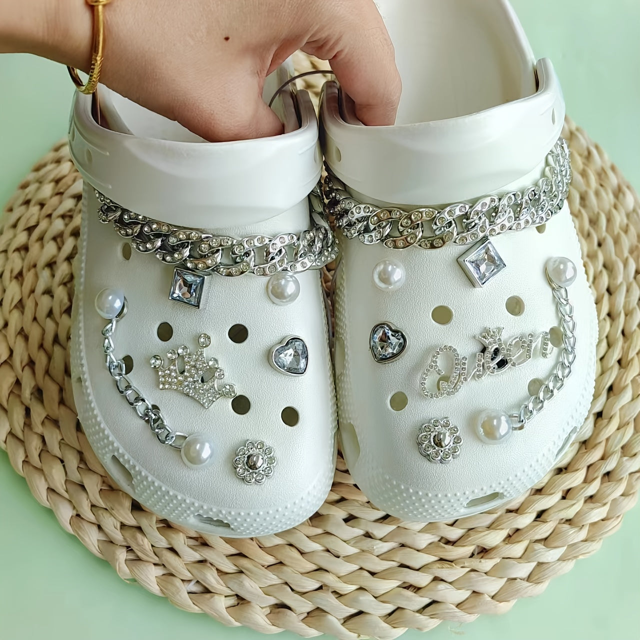 14pcs Silver Crown Letter Ornaments Rhinestone Chain Clogs Decoration Set