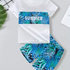 Boys Leaf Print Set Short Sleeve & Shorts Summer Style Casual Kids Clothes