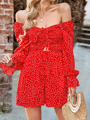 Pin Dot Cut Out Romper Casual Long Sleeve Drawstring Romper