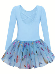 Girls Comfy Cross Back Long Sleeve Tutu Ballet Leotard
