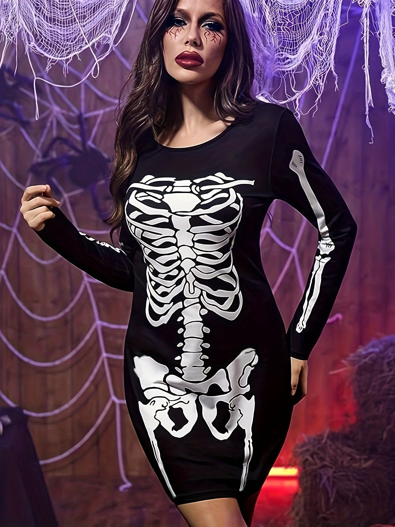 Skeleton Print Halloween Dress Crew Neck Long Sleeve Dress Women's Clothing