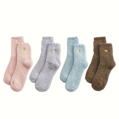 4 Pairs Heart Print Socks Comfy & Warm Fuzzy Stockings