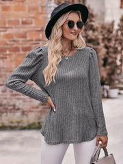 Casual Sweater Solid Ribbed Lantern Sleeve Round Neck Knit Top
