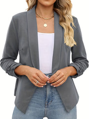 Ruched Solid Blazer Open Front Work Office Outerwear Women's Clothing