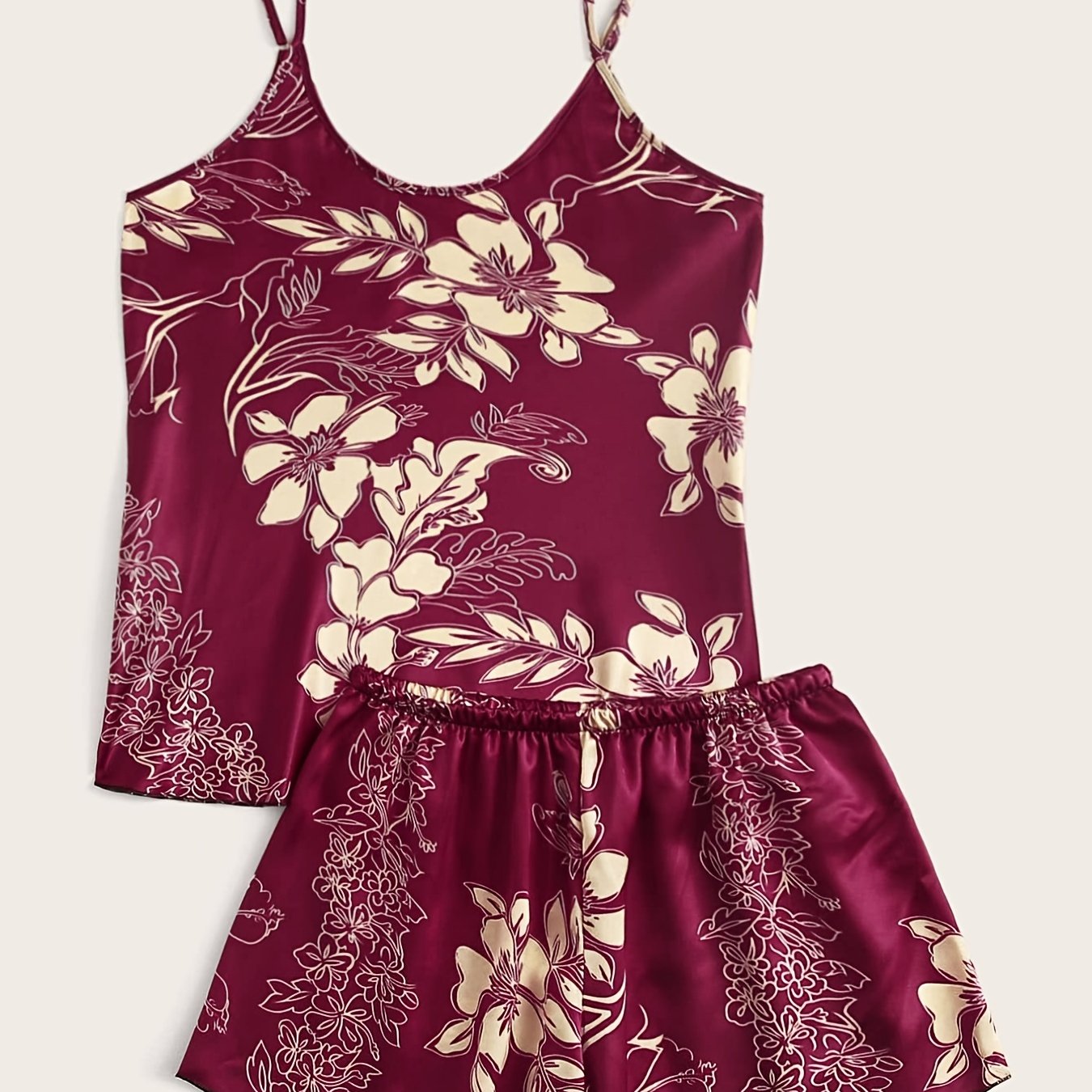Floral Satin Pajama Set Retro Style Cami Top & Shorts
