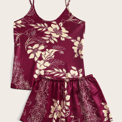 Floral Satin Pajama Set Retro Style Cami Top & Shorts