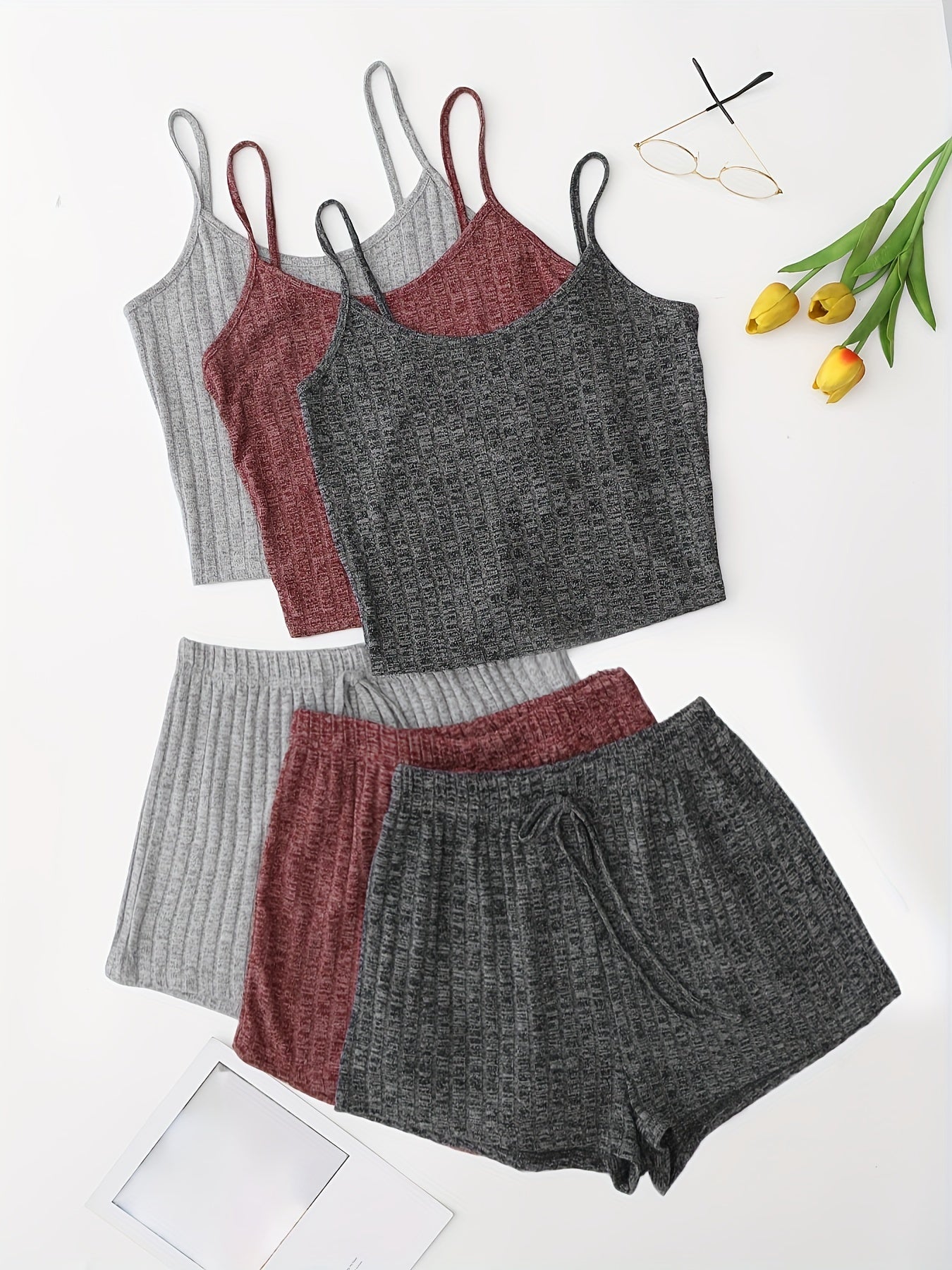 6 Pack Plus Size Basic Pajama Set Women's Plus Ribbed Knit Cami Top & Shorts