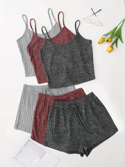 6 Pack Plus Size Basic Pajama Set Women's Plus Ribbed Knit Cami Top & Shorts