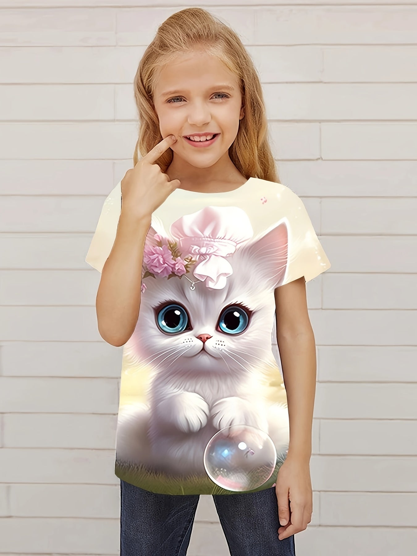 Sweet Cat Graphic Short Sleeve T shirt for Girls Summer Gift