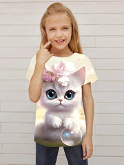 Sweet Cat Graphic Short Sleeve T shirt for Girls Summer Gift