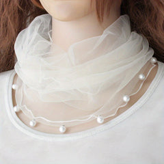 Faux Pearl Ruffle Scarf Gauze Neck Warmer Infinity Loop Scarf
