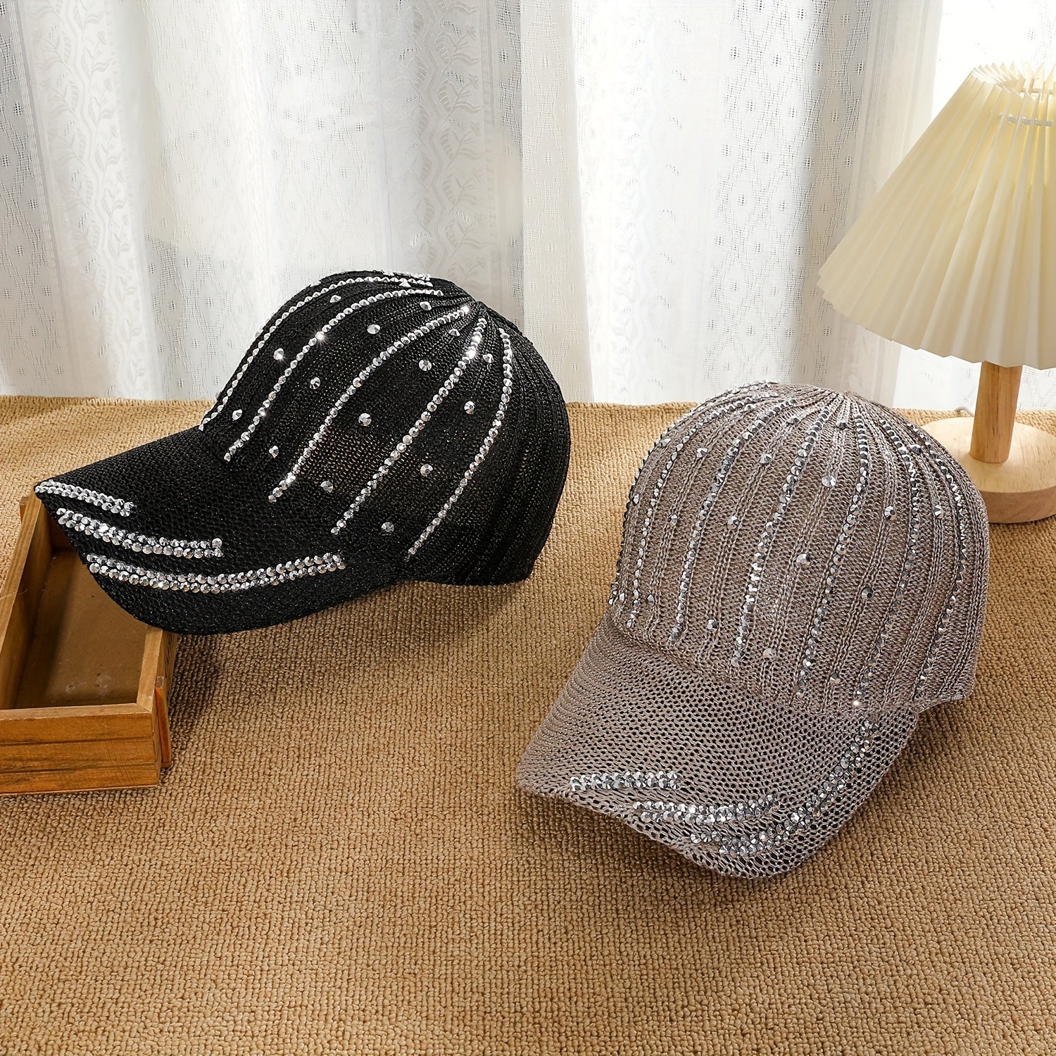 Rhinestone Decor Knitted Baseball Cap Hollow Solid Dad Hat Casual