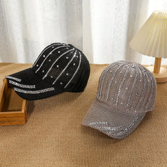 Rhinestone Decor Knitted Baseball Cap Hollow Solid Dad Hat Casual