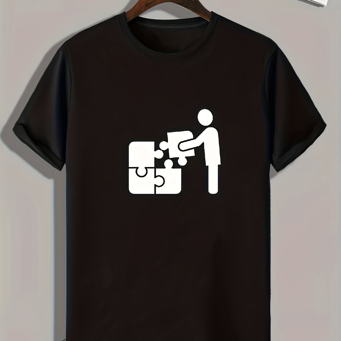 Puzzle Pattern Print Men's Comfy Sports T shirt Graphic Tee
