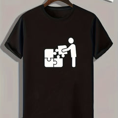 Puzzle Pattern Print Men's Comfy Sports T shirt Graphic Tee