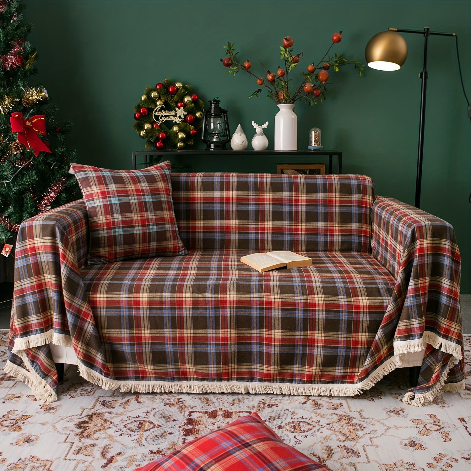 Retro Sofa Slipcover Christmas Coffee Red Woven Plaid Non-slip Sofa Cover