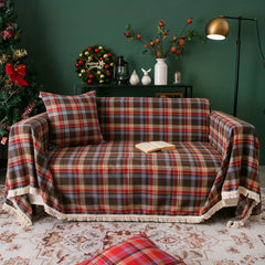 Retro Sofa Slipcover Christmas Coffee Red Woven Plaid Non-slip Sofa Cover