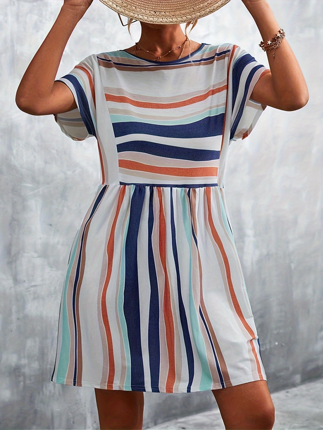Plus Stripe Short Sleeve Mini Dress