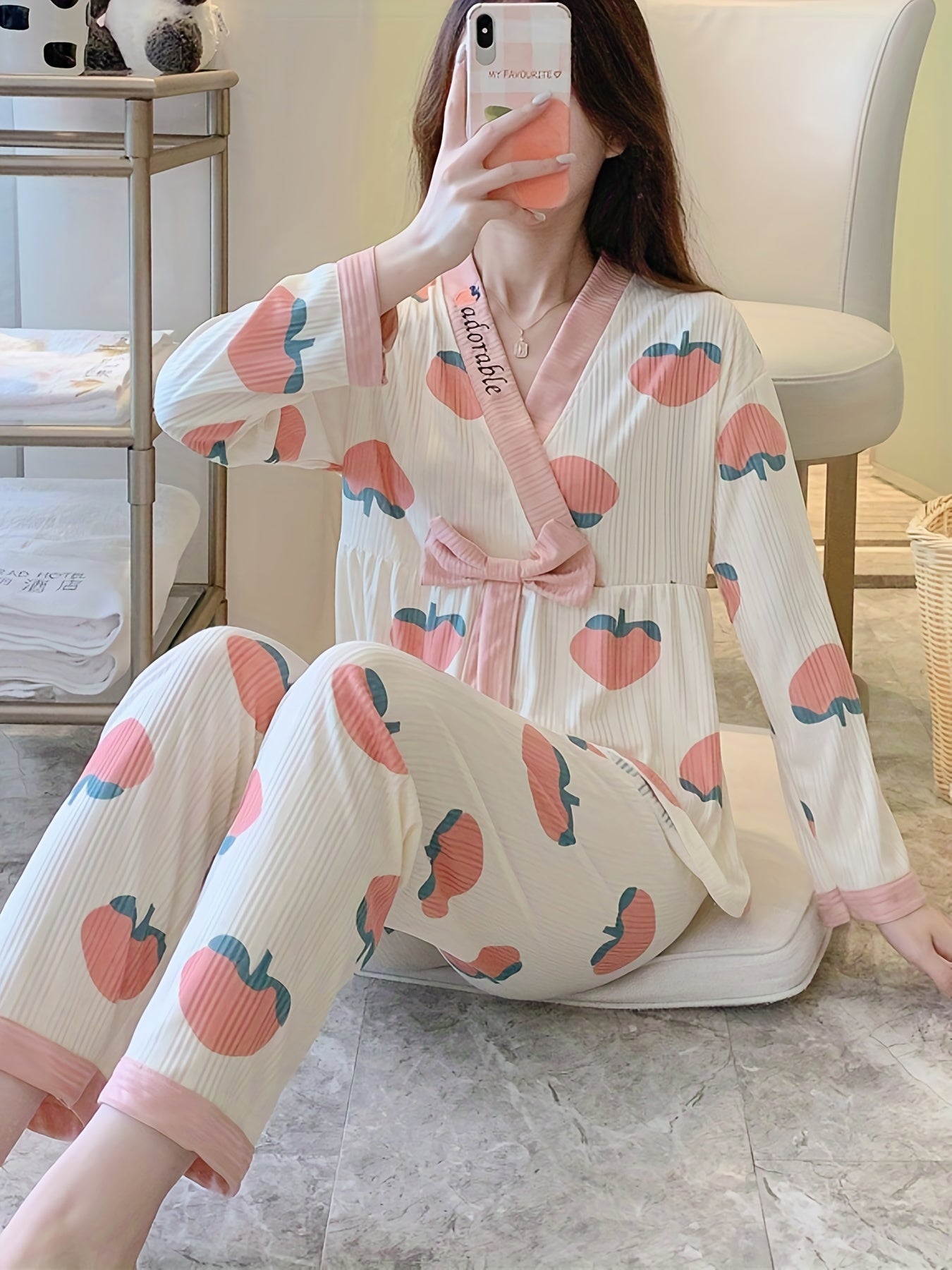 Peach Pattern Pajama Set Long Sleeve Top & Pants Women's Sleepwear