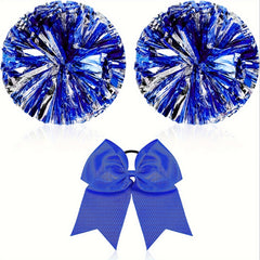 3pcs Cheer Pom Poms & Large Cheer Hair Bow Set - Metallic Accessory