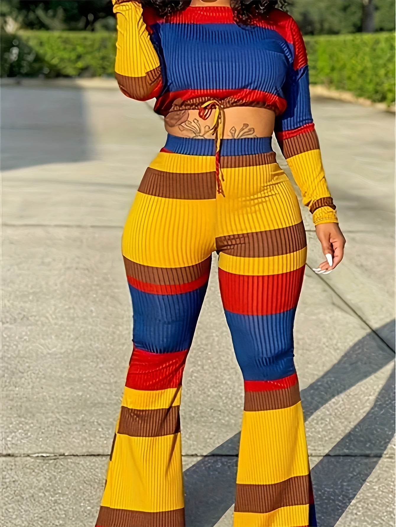 Colorblock Ribbed Crop Top & Flared Leg Pants Set