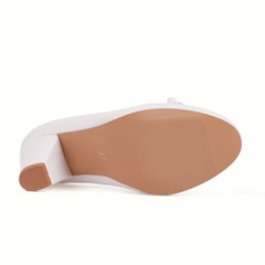 Bowknot Block Heel Pumps with Faux Pearl Chain