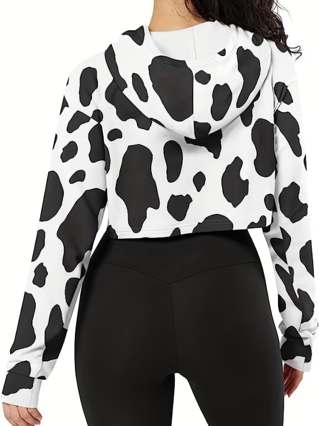Cow Printed Drawstring Hoodie Long Sleeve Sweatshirt Women's Tops