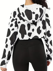 Cow Printed Drawstring Hoodie Long Sleeve Sweatshirt Women's Tops