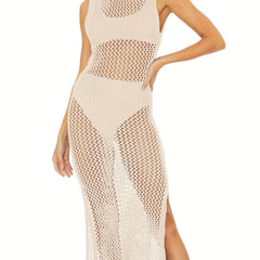 Round Neck Cover Up Dress Hollow Out See Through Backless Split Crochet Dress