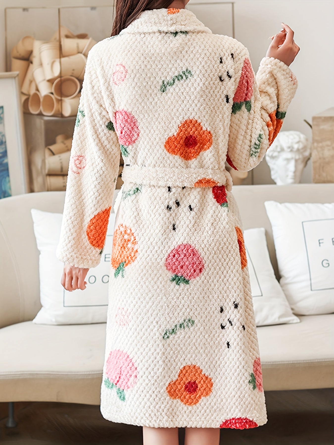 Fruit Print Fuzzy Night Robe Warm Long Sleeve Robe With Belt