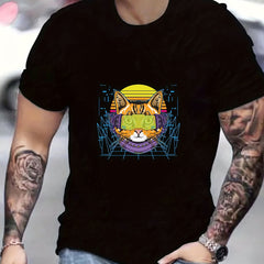 Cyberpunk Cat Print Men's Graphic T-shirt Casual Comfy Tees for Summer