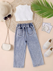 2pcs Girl's Mock Neck Crop Top Ripped Denim Suit