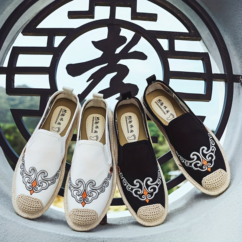 Men's Chinese Style Embroidered Canvas Loafers Slip Ons