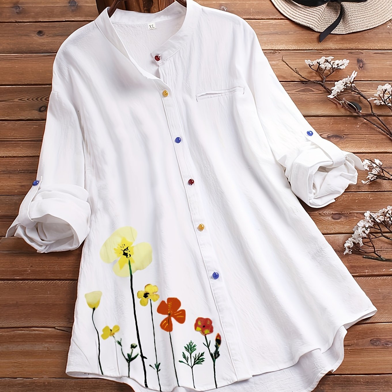 Casual Shirt Women's Plus Floral Print Long Sleeve Colorful Button