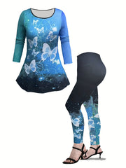Ombre & Butterfly Print Long Sleeve Top & Leggings Set