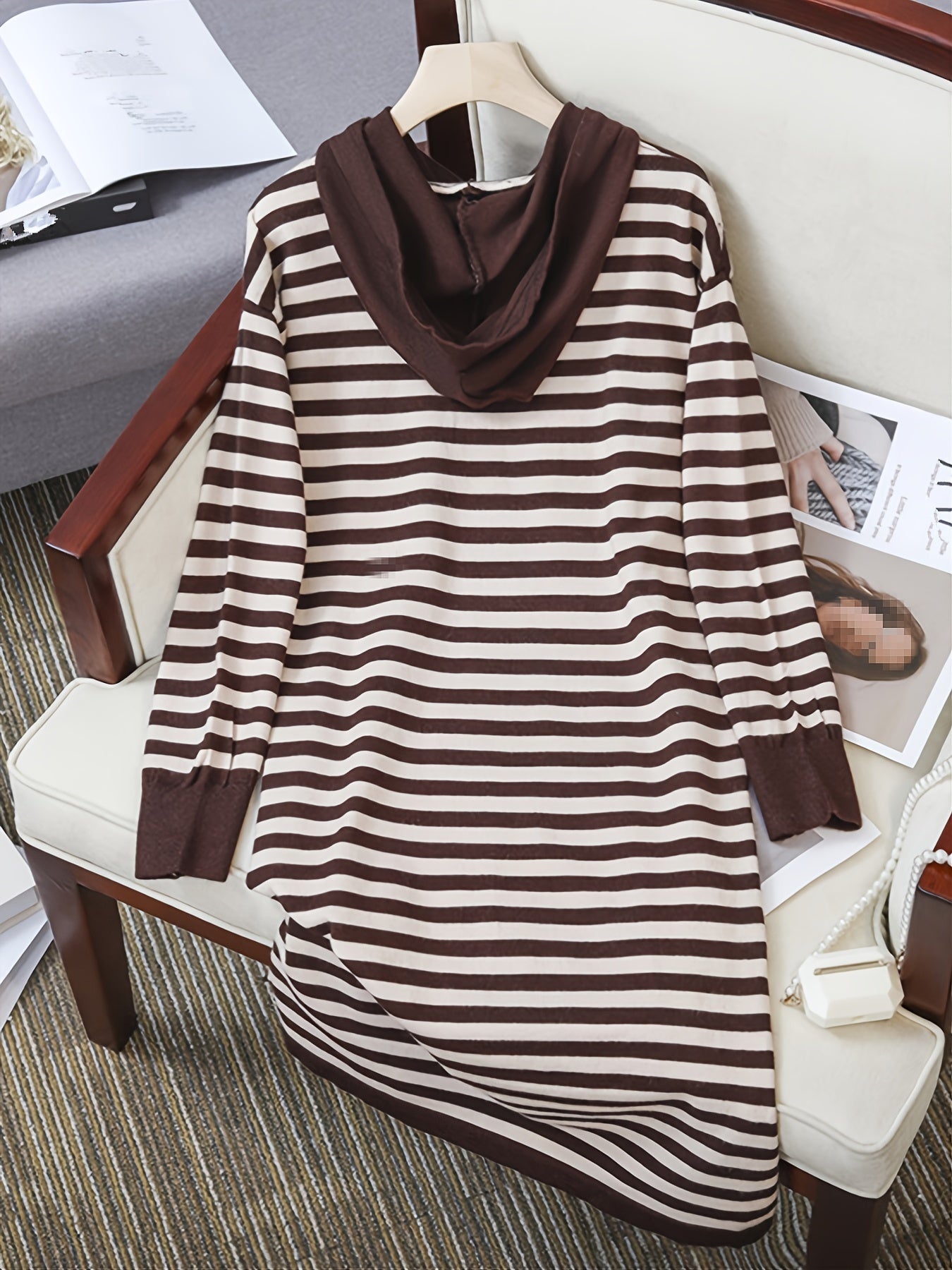 Striped Hoodie Drawstring Long Sleeve Midi Dress Women's Plus