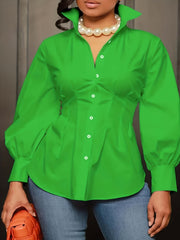 Solid Button Up Lantern Sleeve Blouse