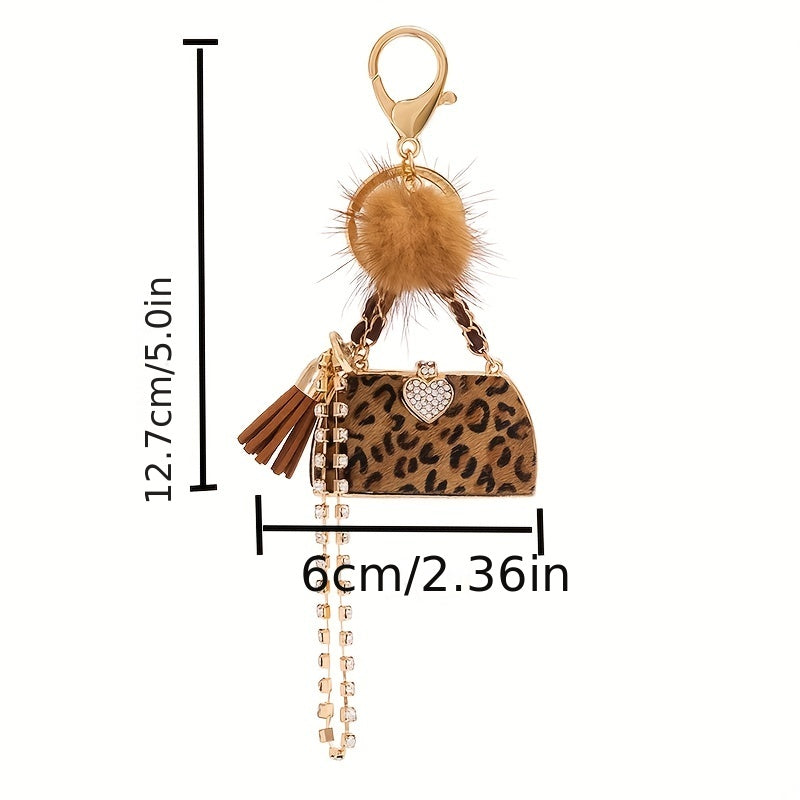 Leopard Bag & Pom Pom Bracelet Keychain Rhinestone Key Ring Purse Charm