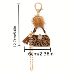 Leopard Bag & Pom Pom Bracelet Keychain Rhinestone Key Ring Purse Charm