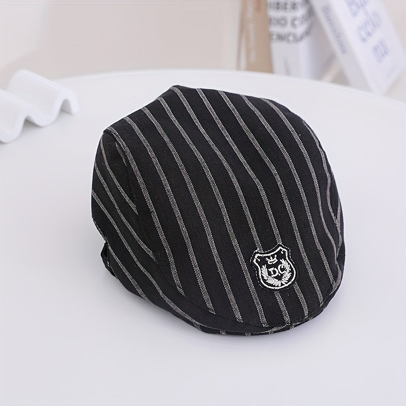 Kids Striped Beret Hat w/ Embroidery Pattern for Photos Travel