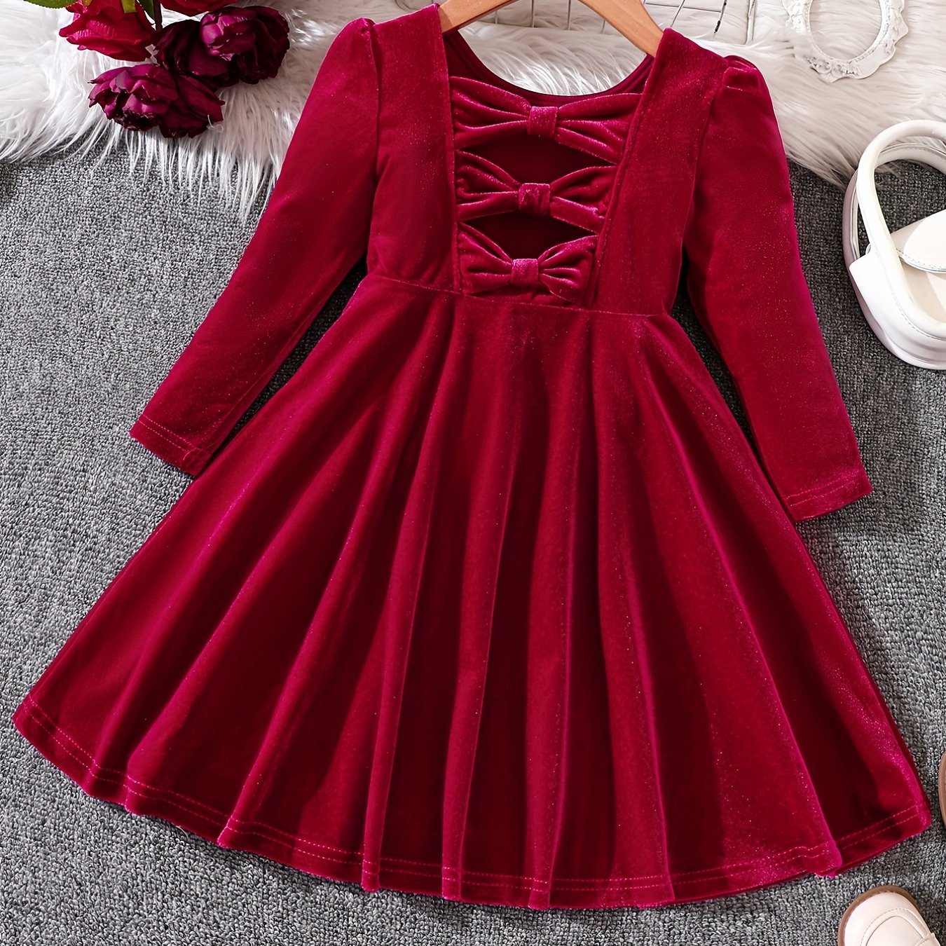 Girls Vintage Velvet Dress Back Bowknot Long Sleeve Party