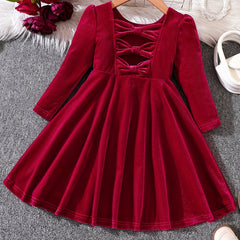Girls Vintage Velvet Dress Back Bowknot Long Sleeve Party