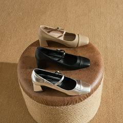 Chunky Heel Square Toe Pumps Faux Leather Buckle Strap