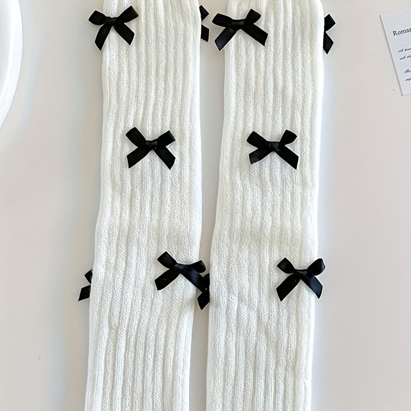 Bow Rib Knit Leg Warmers & Knee High Socks Women's Stockings