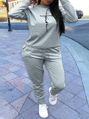 Cross Letter Print Crew Neck Pullover & Joggers Set